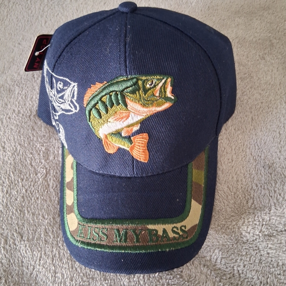 Bass Fishing Embroidered Kiss My Bass Strapback Hat Adult Adjustable Blue NWT - Picture 2 of 3